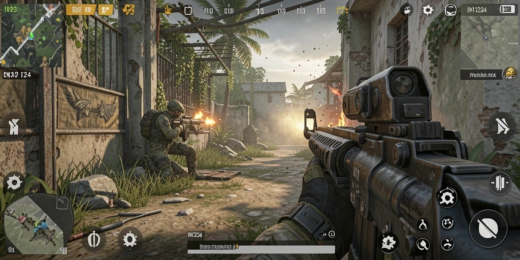 Screenshot gameplay IN1234 menunjukkan aksi menegangkan dalam pertarungan FPS.