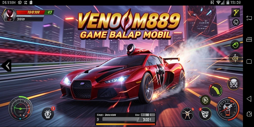 Screenshot utama VENOM889 menunjukkan aksi balapan yang mendebarkan dan mobil yang bertenaga.