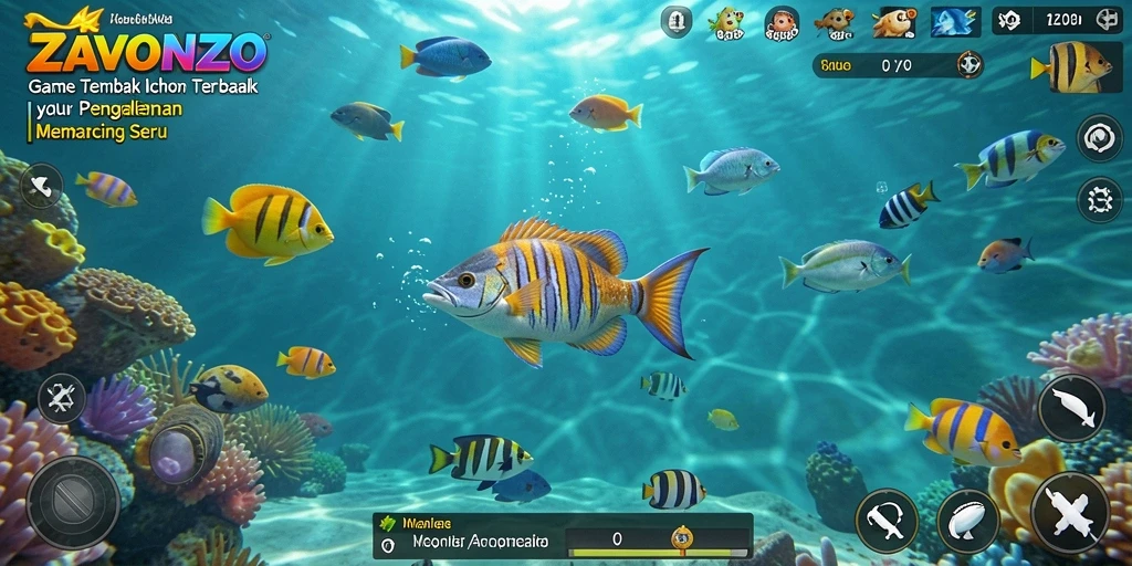 Screenshot gameplay ZAVONZO dengan aksi menembak ikan yang seru.